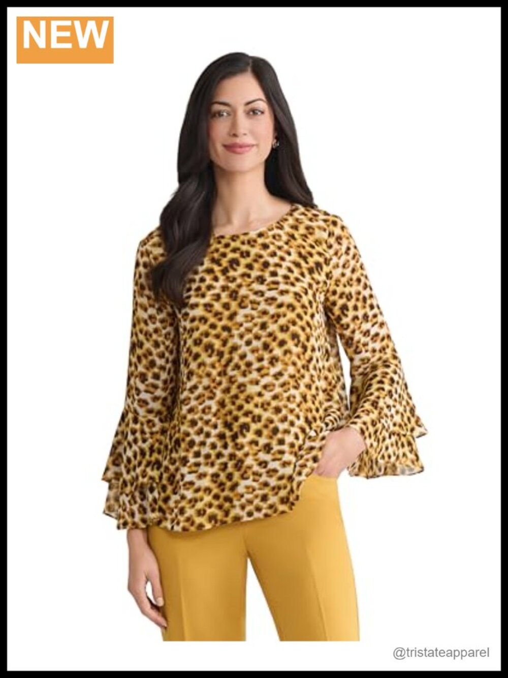 Kasper Womens Animal Print Tiered Ruffle Sleeve Blouse Boat Neck